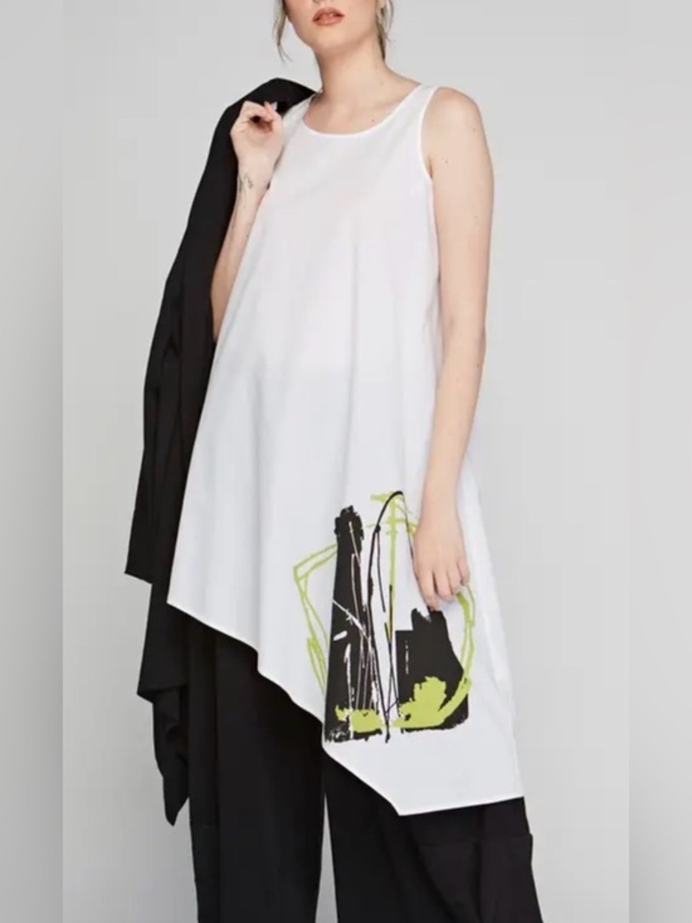 Luukaa White Poplin Asymmetrical Dress Abstract Graphic Lagenlook Art To Wear 8